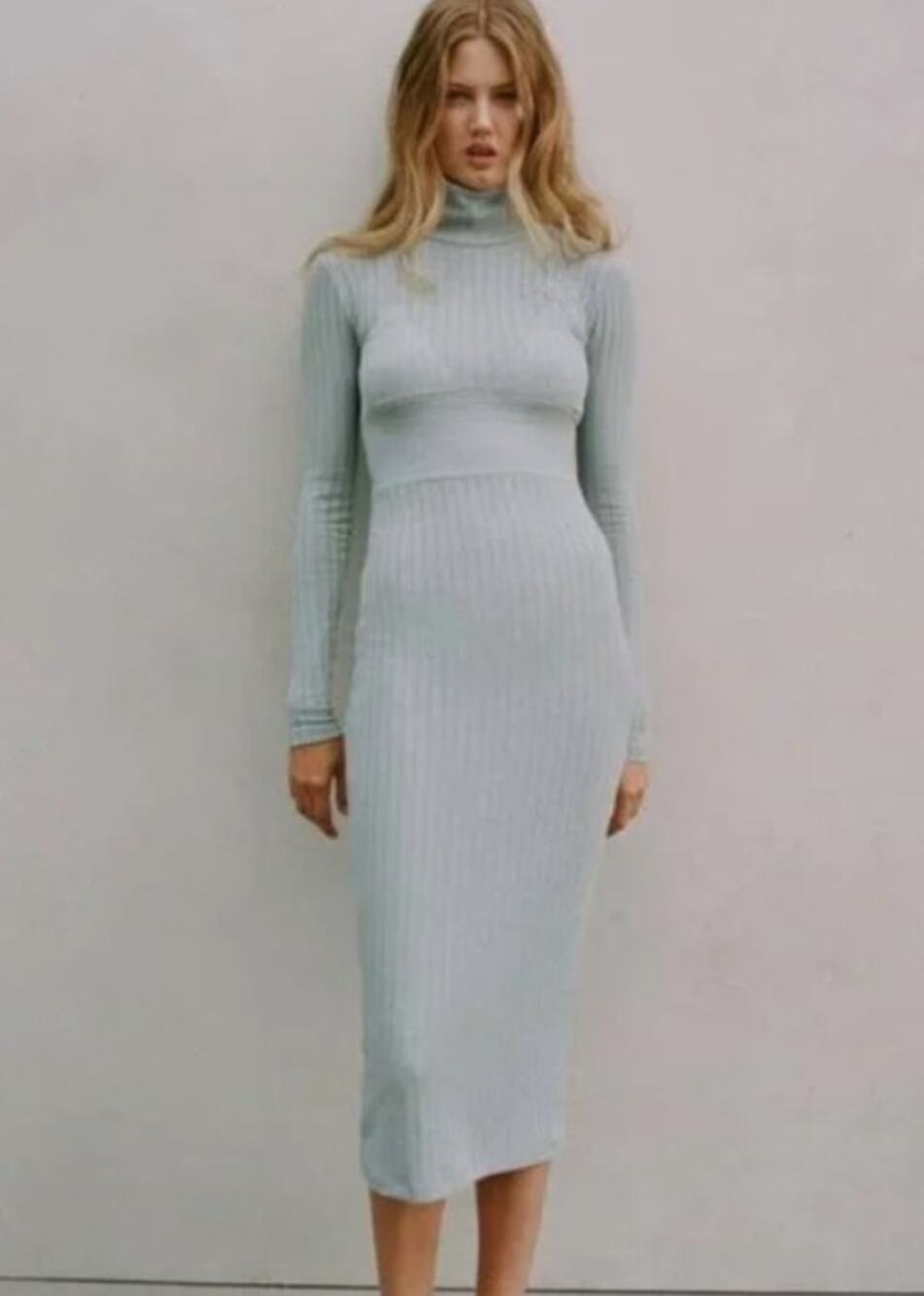 Zara Washed Green Ribbed Seam Detail Long Sleeve Mock Neck Midi Dress Size L
